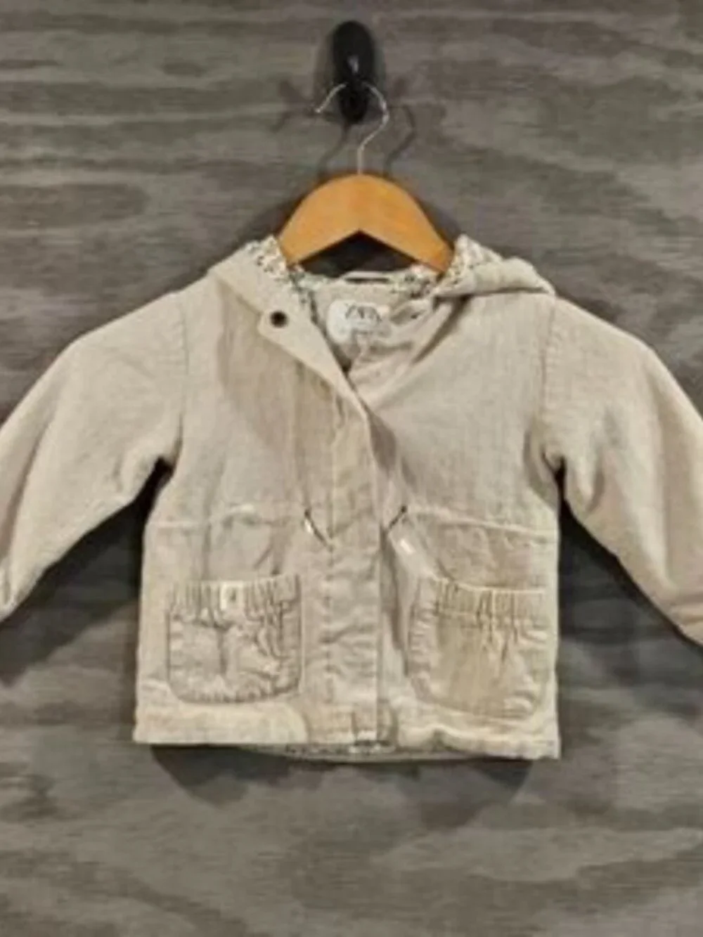 Zara Baby Hooded Beige Cotton Jacket Floral Lining Spring Fall SZ 2-3 Years